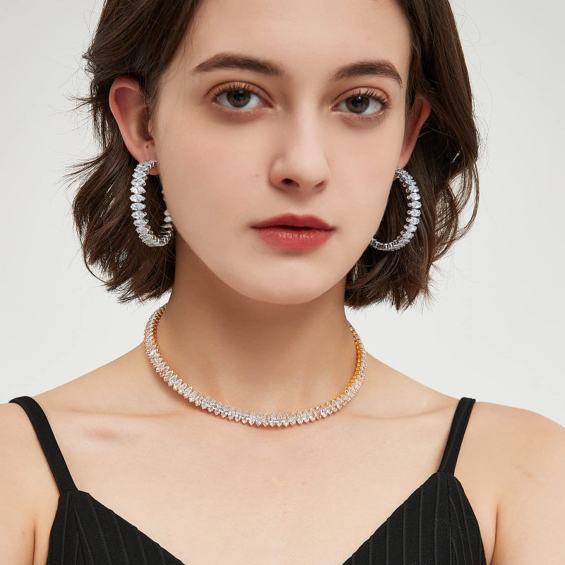 AILife Cubic Zirconia Hoop Earrings for Women, White Gold Plated Sparkling Rhinestone CZ Cuff Earrings (40mm, Almond CZ, Silver) - Image 4