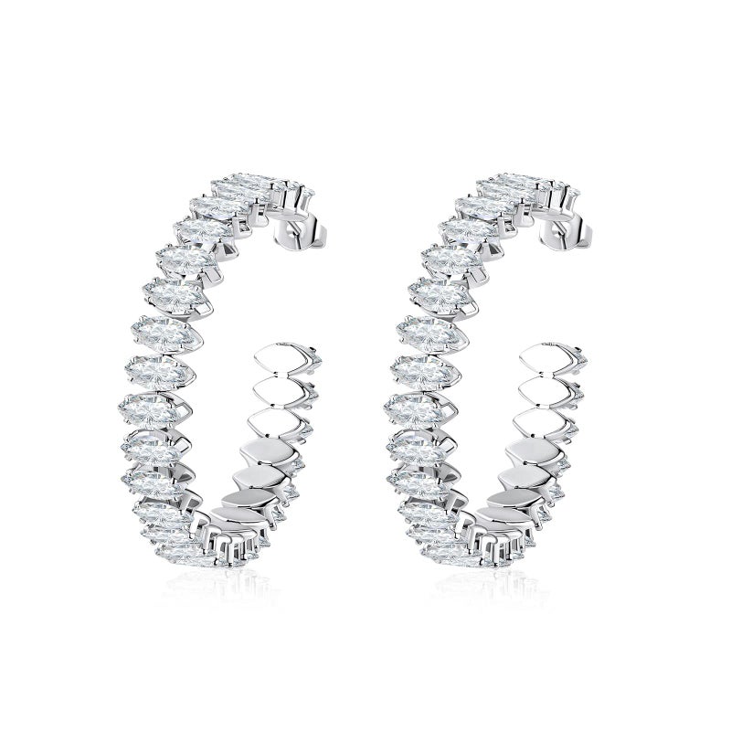 AILife Cubic Zirconia Hoop Earrings for Women, White Gold Plated Sparkling Rhinestone CZ Cuff Earrings (40mm, Almond CZ, Silver) - Image 1