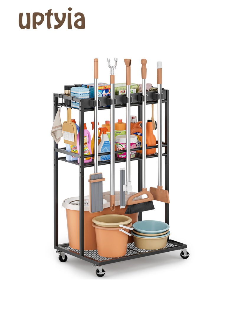 Uptyia Broom Holder with Cleaning Supplies Organizer, Broom Closet Storage Cabinet with Mop Hanger Gripper Rack Hooks, Cleaning Housekeeping Janitorial Cart with Cleaning Caddy, Laundry Room Organization - Image 1