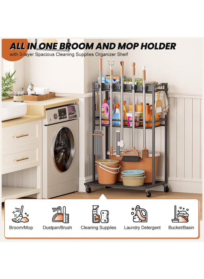 Uptyia Broom Holder with Cleaning Supplies Organizer, Broom Closet Storage Cabinet with Mop Hanger Gripper Rack Hooks, Cleaning Housekeeping Janitorial Cart with Cleaning Caddy, Laundry Room Organization - Image 2