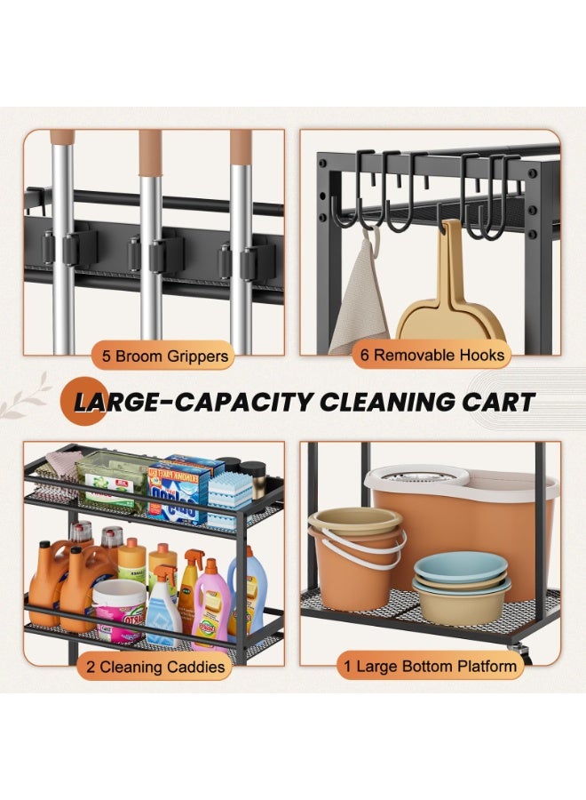 Uptyia Broom Holder with Cleaning Supplies Organizer, Broom Closet Storage Cabinet with Mop Hanger Gripper Rack Hooks, Cleaning Housekeeping Janitorial Cart with Cleaning Caddy, Laundry Room Organization - Image 4