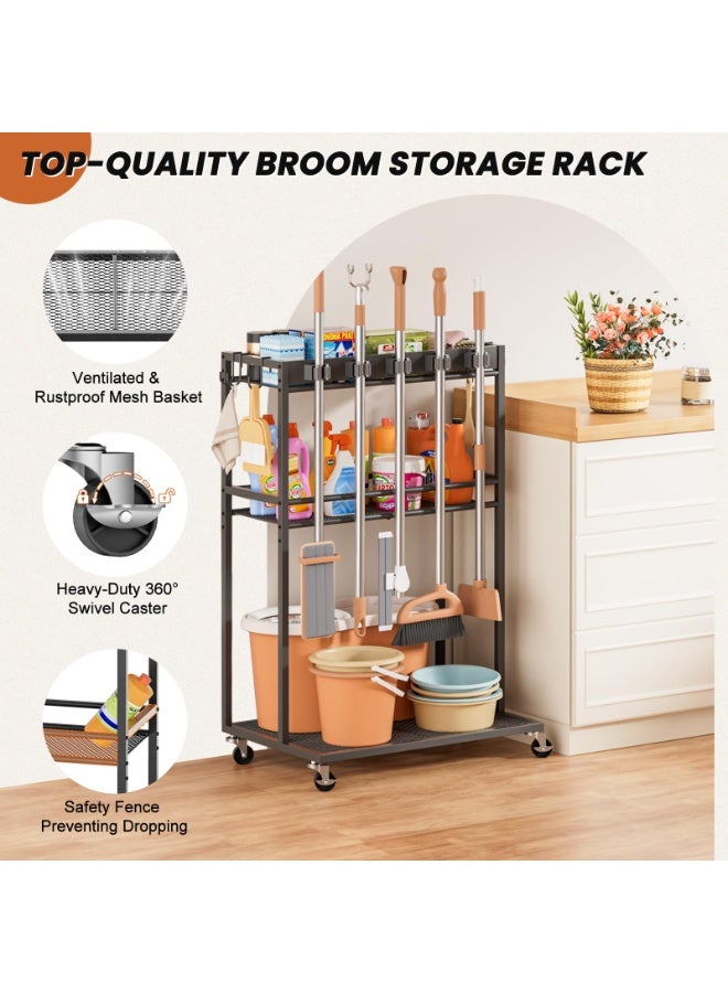 Uptyia Broom Holder with Cleaning Supplies Organizer, Broom Closet Storage Cabinet with Mop Hanger Gripper Rack Hooks, Cleaning Housekeeping Janitorial Cart with Cleaning Caddy, Laundry Room Organization - Image 5