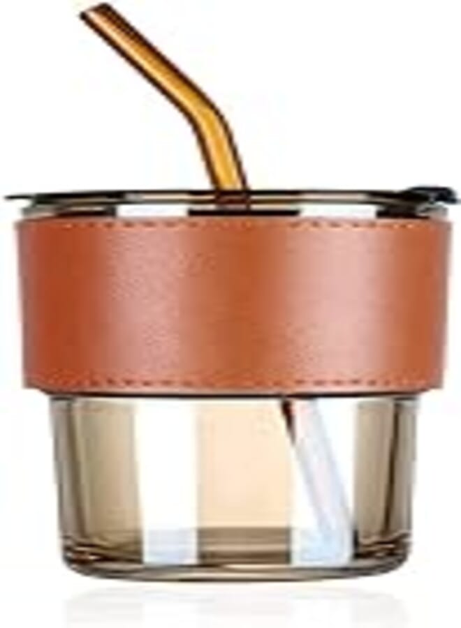 BRUSHFINCH Glass Tumbler, Leak Proof Double Wall Clear Juice Drinking Tumbler, Travel Glass for Highball Cocktail Mixing, Coffee/Water Mugs with Sleeve and lid - 450ml (Multi)