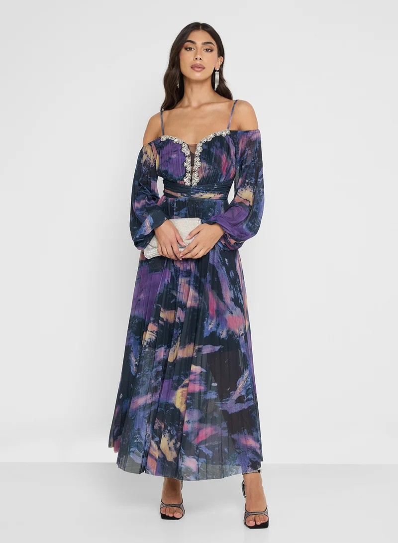 Ella Limited Edition Pleated Cold Shoulder Dress With Embellished Sweetheart Neck