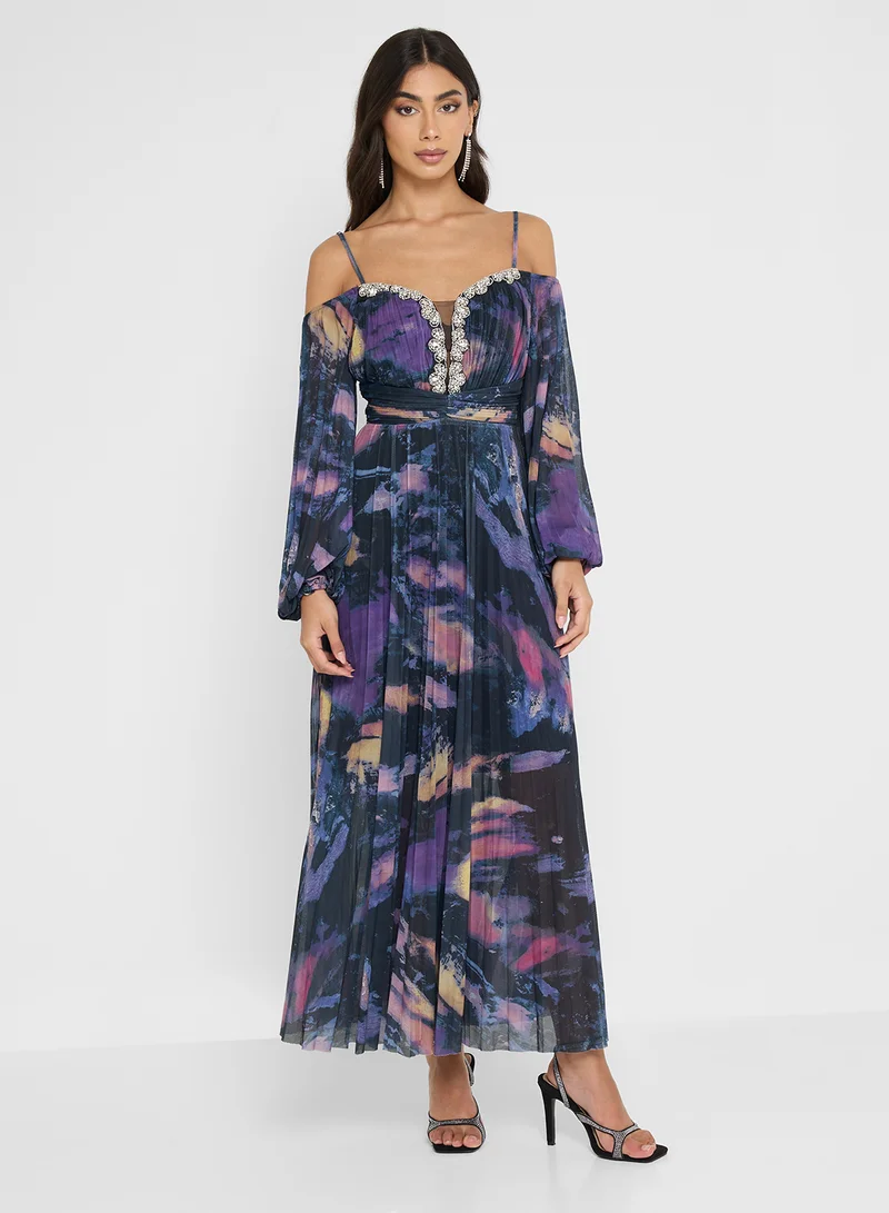 Ella Limited Edition Pleated Cold Shoulder Dress With Embellished Sweetheart Neck