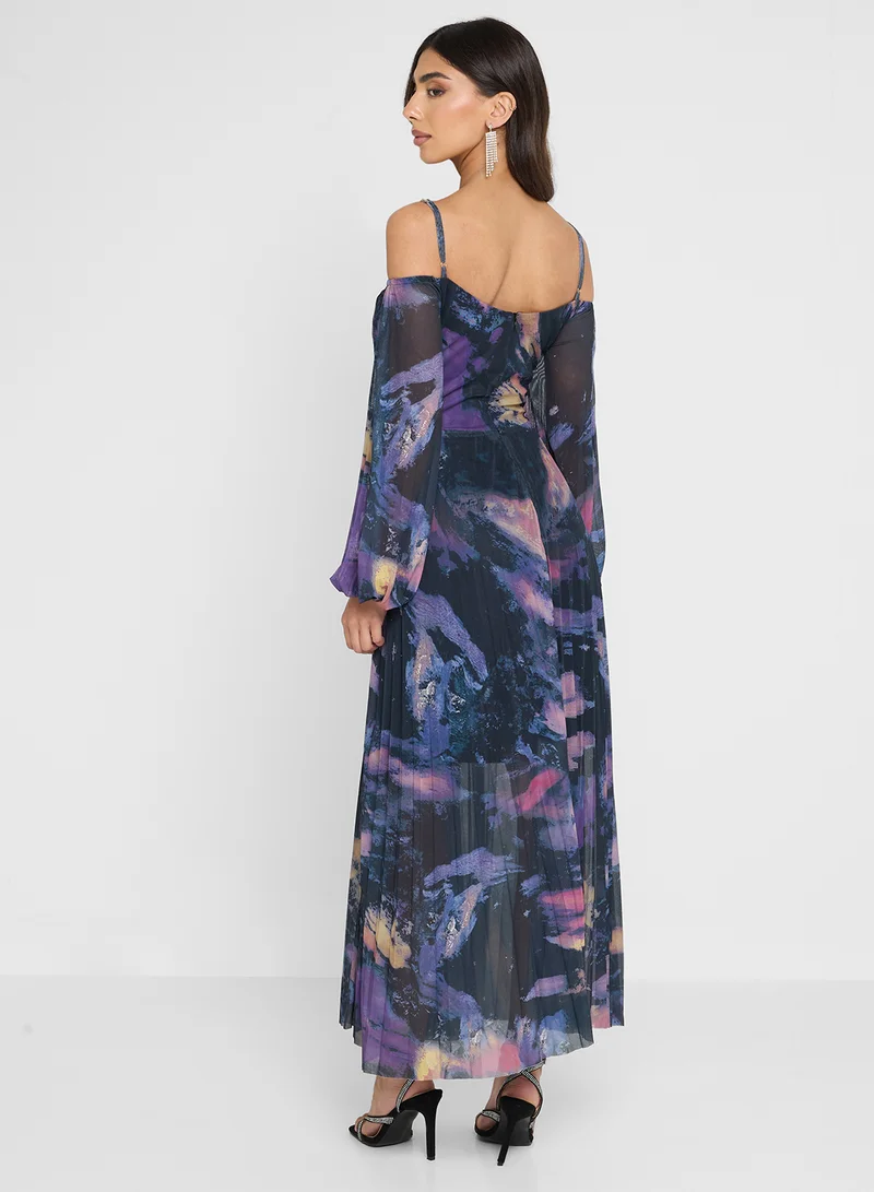 Ella Limited Edition Pleated Cold Shoulder Dress With Embellished Sweetheart Neck