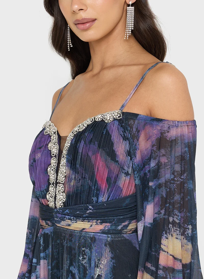 Ella Limited Edition Pleated Cold Shoulder Dress With Embellished Sweetheart Neck