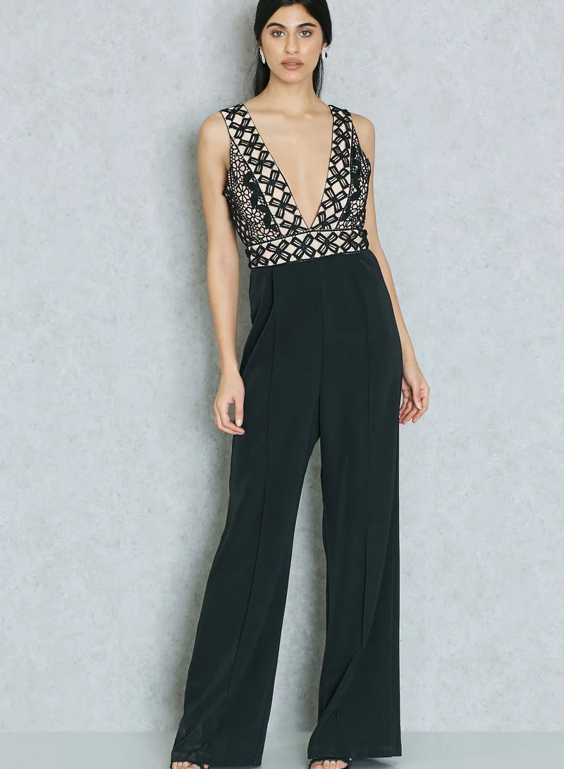 Ask Alice Plunge Neck Crochet Top Jumpsuit