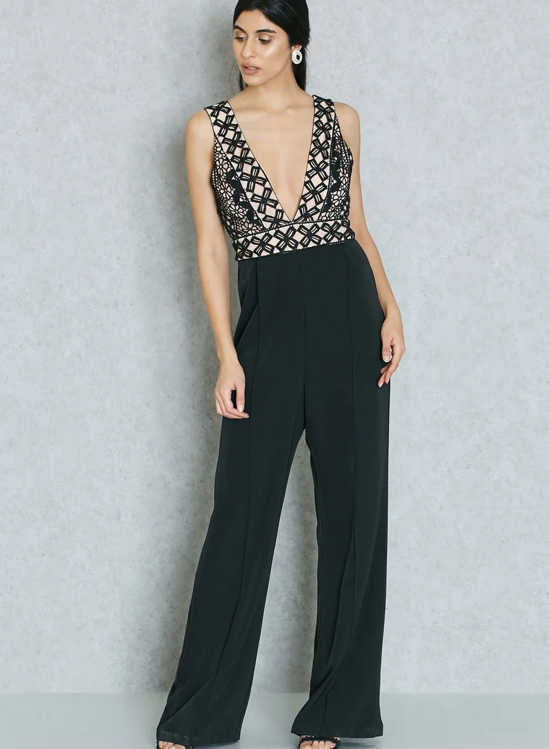 Ask Alice Plunge Neck Crochet Top Jumpsuit