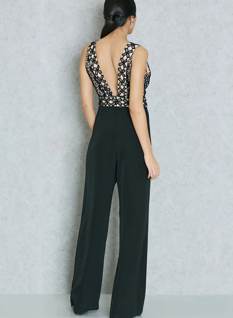 Ask Alice Plunge Neck Crochet Top Jumpsuit