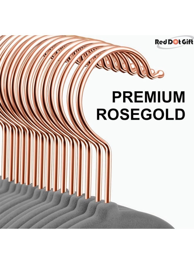 Red Dot Gift مجموعة هدايا Red Dot® 10 قطع شماعات مخملية رمادية 42 سم غير قابلة للانزلاق، شماعات موفرة للمساحة مع خطاف وردي ذهبي دوار 360°، شماعات متينة ورقيقة للمعاطف والسراويل والقمصان. - Image 3