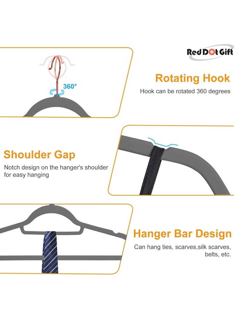 Red Dot Gift مجموعة هدايا Red Dot® 10 قطع شماعات مخملية رمادية 42 سم غير قابلة للانزلاق، شماعات موفرة للمساحة مع خطاف وردي ذهبي دوار 360°، شماعات متينة ورقيقة للمعاطف والسراويل والقمصان. - Image 5
