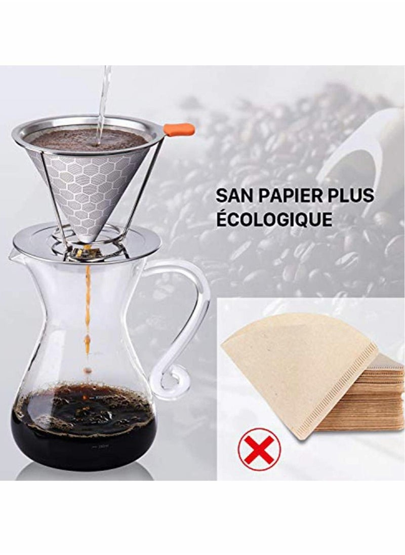 Y&D - Cozy Pour Over Coffee Filter Honeycomb Design Stainless Steel Cone Dripper Paperless Reusable Permanent Maker with Separate Stand for 1-4 Cups - Image 1