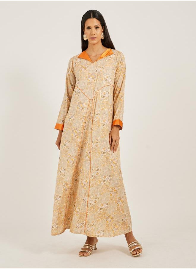 Maxim Creation - Abstract Print Contrast Satin Collar A-Line Jalabiya by Styli - Image 1