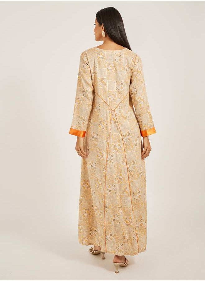 Maxim Creation - Abstract Print Contrast Satin Collar A-Line Jalabiya by Styli - Image 1