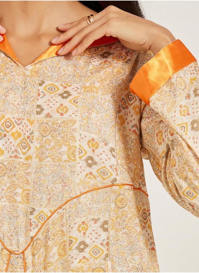 Maxim Creation - Abstract Print Contrast Satin Collar A-Line Jalabiya by Styli - Image 1
