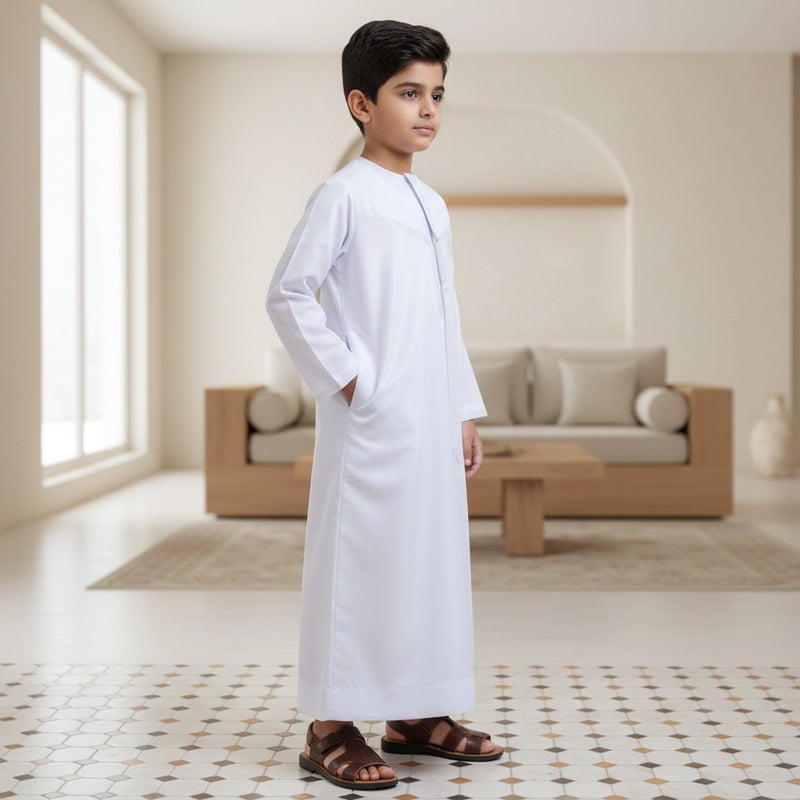 ثوب تقليدي للأطفال - أبيض، فضفاض، أكمام طويلة - Image 2