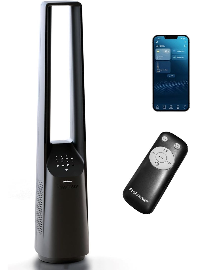 Pro Breeze 40" Smart Bladeless Tower Fan with DC Motor - Ultra Quiet Air Circulator with Remote Control, LED Display, 6 Fan Speeds, 5 Operation Modes, 60° Oscillation  - Image 1