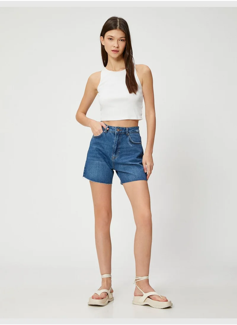 KOTON Cotton Destroyed High Waist Pocket Detail Jean Shorts