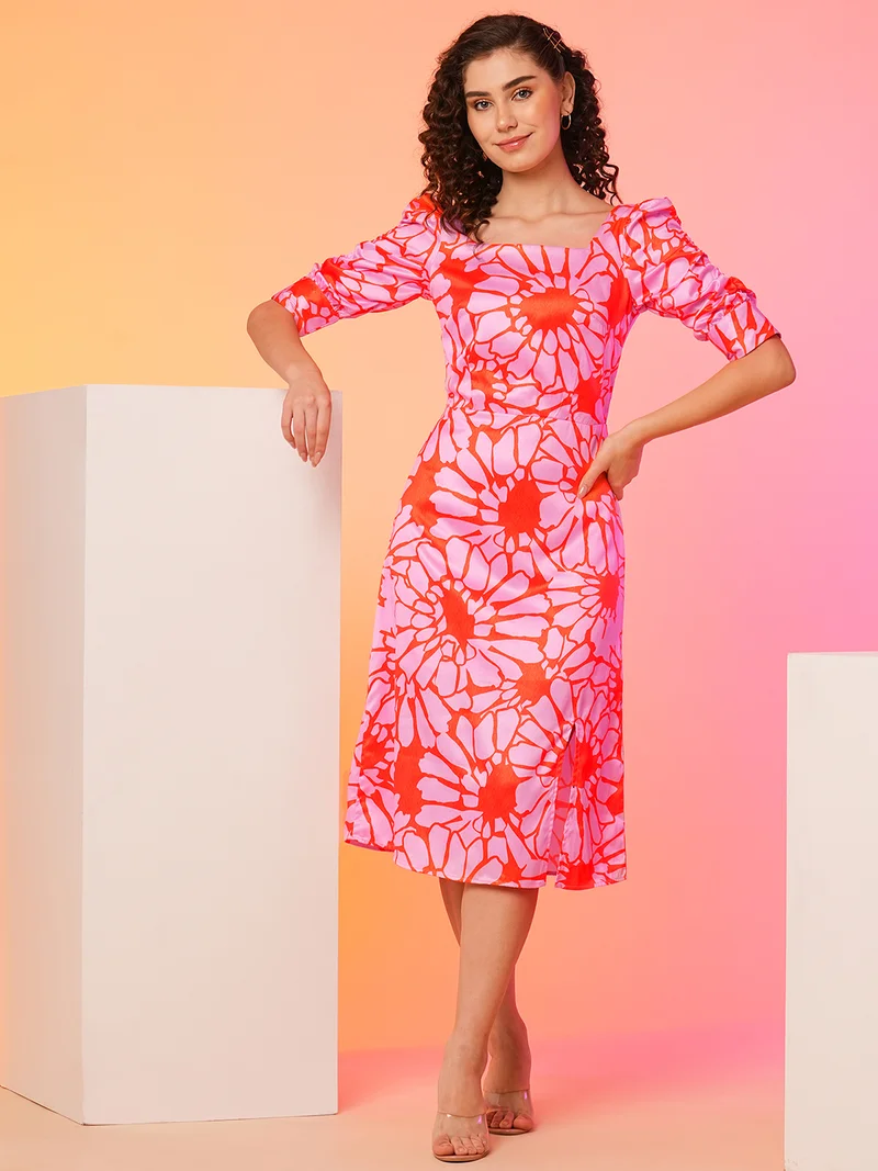 globus Women Pink Floral Print Square Neck Puff Sleeves Satin A-Line Midi Dress