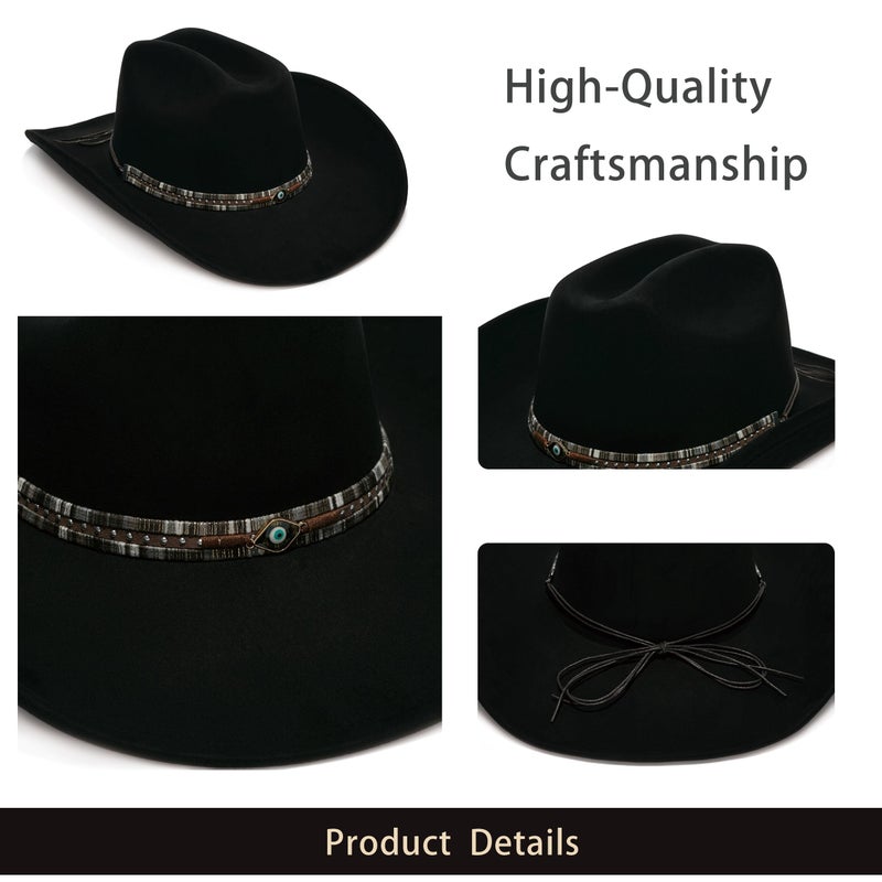 YOUBADU Faux Suede Felt Western Cowboy Hat for Women or Men, Wide Brim, Rivet Strap (US, Alpha, One Size, Medium, Crown Black Eye) - Image 5