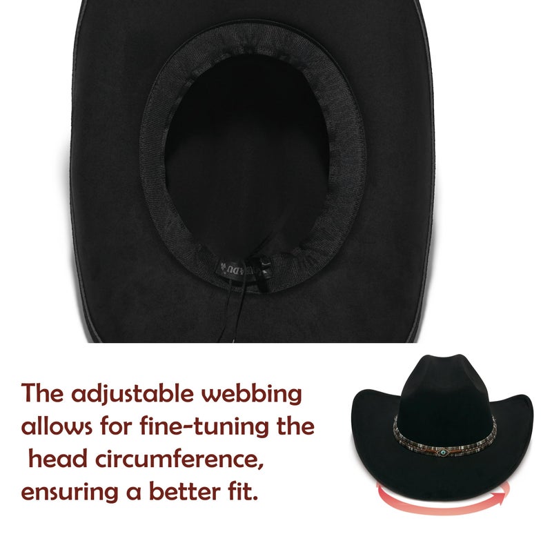 YOUBADU Faux Suede Felt Western Cowboy Hat for Women or Men, Wide Brim, Rivet Strap (US, Alpha, One Size, Medium, Crown Black Eye) - Image 4