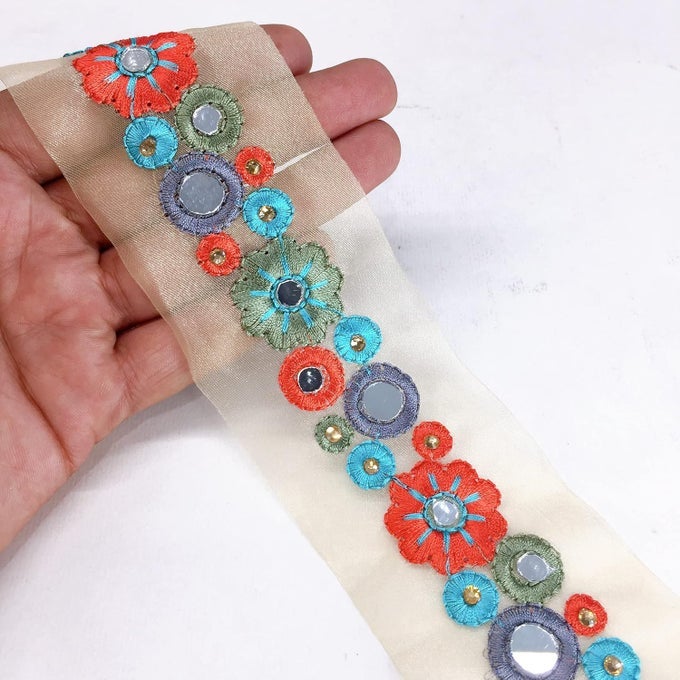 9 METER MULTICOLOUR RESHAM EMBROIDERY TRIM LACE BORDER WITH MIRROR & DIAMOND STONE WORK EMBROIDERED LACE ON BEIGE GLASS NYLON BASE