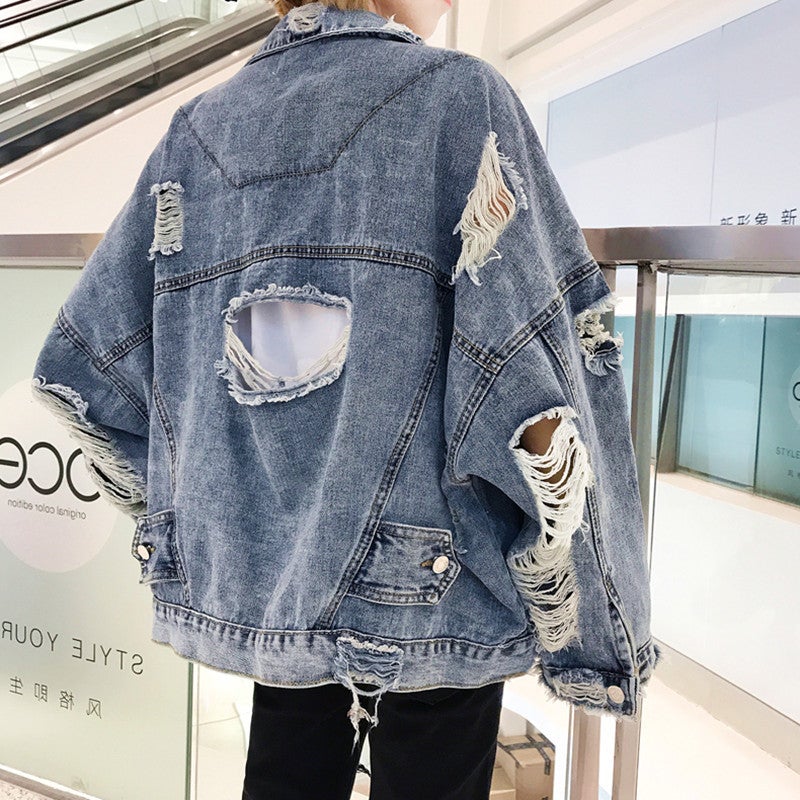 Ripped Denim Coat Mens Loose Student Korean-style Harajuku BF Spring Autumn Street Hip Hop Handsome Denim Fashion Light blue Light blue
