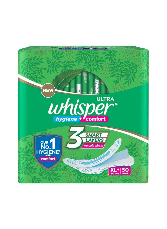 Whisper Ultra Hygiene+Comfort Sanitary Pads, 50 Xl+ Pads, For Heavy Flow, Long Lasting Protection, Locks Odour & Wetness, Dry Top Sheet, Disposable Wrapper  - Image 1