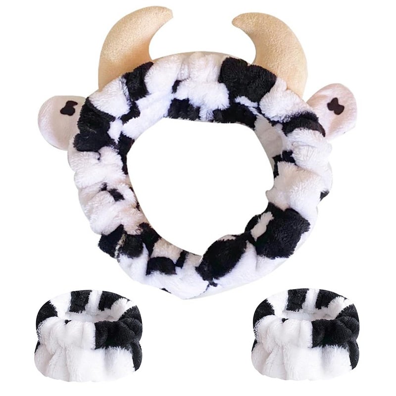 AHONEY Cow Ears Headband Cow Print Skincare Headbands and Wristbands, Cute Spa Wrist Band Fluffy Hand Cuffs Women Facial Makeup Accessories Costume Party Stuff Birthday Gift - Image 1