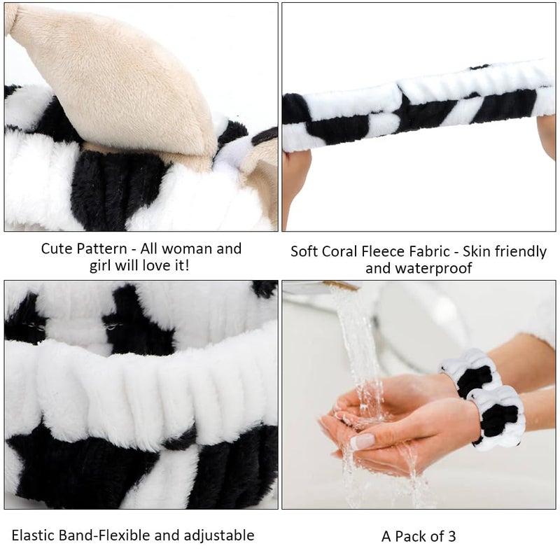 AHONEY Cow Ears Headband Cow Print Skincare Headbands and Wristbands, Cute Spa Wrist Band Fluffy Hand Cuffs Women Facial Makeup Accessories Costume Party Stuff Birthday Gift - Image 5