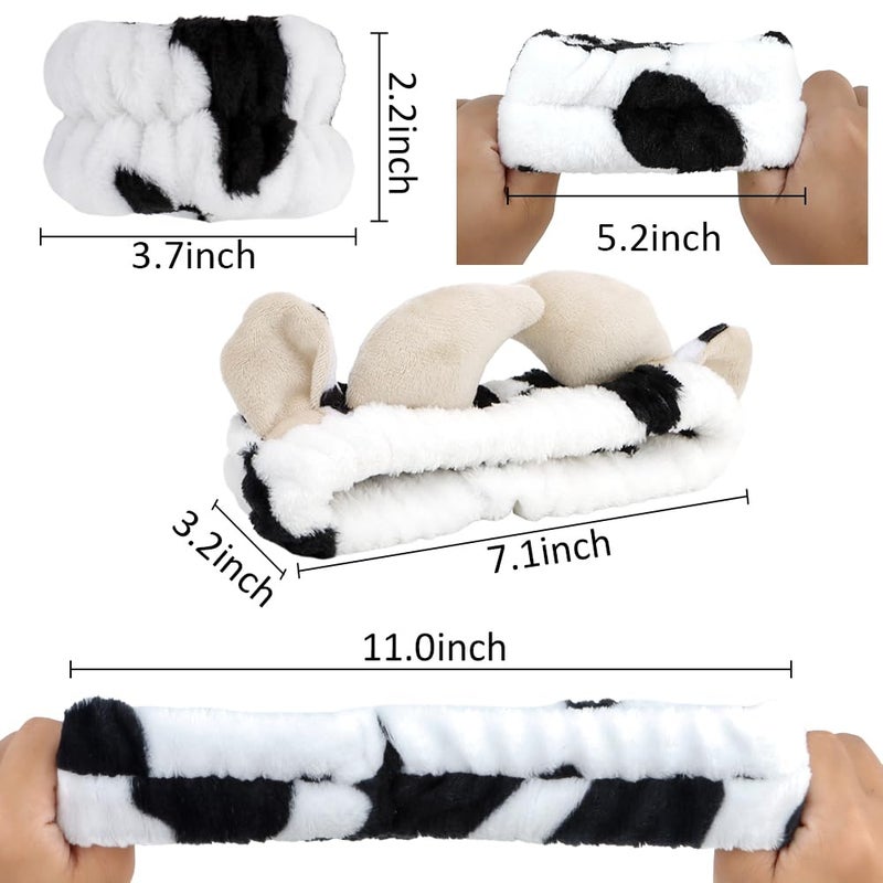 AHONEY Cow Ears Headband Cow Print Skincare Headbands and Wristbands, Cute Spa Wrist Band Fluffy Hand Cuffs Women Facial Makeup Accessories Costume Party Stuff Birthday Gift - Image 4