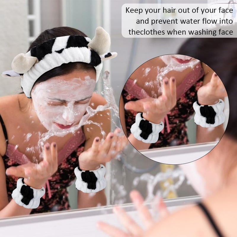 AHONEY Cow Ears Headband Cow Print Skincare Headbands and Wristbands, Cute Spa Wrist Band Fluffy Hand Cuffs Women Facial Makeup Accessories Costume Party Stuff Birthday Gift - Image 2