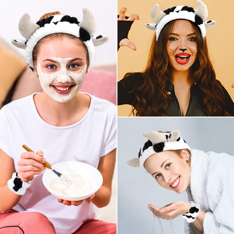 AHONEY Cow Ears Headband Cow Print Skincare Headbands and Wristbands, Cute Spa Wrist Band Fluffy Hand Cuffs Women Facial Makeup Accessories Costume Party Stuff Birthday Gift - Image 3