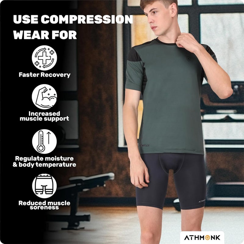 Athmonk 4-Way Lycra Compression Shorts for Men | Tight Skin Fit, Non Padded | Cycling Running Workout Gym Cricket Football Sports | Tummy Tuck Recovery Muscle Support | Quick Dry Anti-Chafe - Image 2