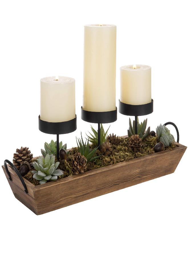 MyGift MyGift 3-Pillar Black Metal Candle Holder with Rustic Wood Tray and Handles, Tabletop/Mantel Centerpiece  - Image 1