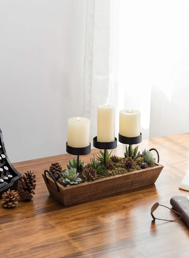 MyGift MyGift 3-Pillar Black Metal Candle Holder with Rustic Wood Tray and Handles, Tabletop/Mantel Centerpiece  - Image 4