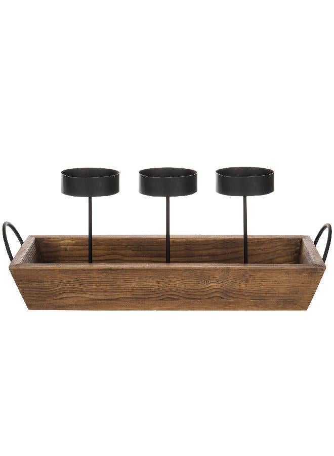MyGift MyGift 3-Pillar Black Metal Candle Holder with Rustic Wood Tray and Handles, Tabletop/Mantel Centerpiece  - Image 2