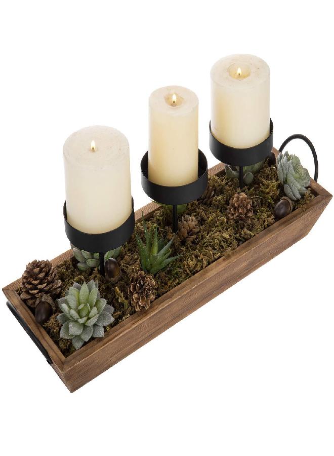 MyGift MyGift 3-Pillar Black Metal Candle Holder with Rustic Wood Tray and Handles, Tabletop/Mantel Centerpiece  - Image 3