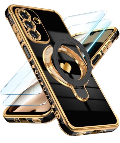 Liufcx for Samsung Galaxy A16 5G Phone Case with Screen ProtectorCute Love Heart PatternRing Metal KickstandPlated Gold Edge Soft TPU Full Camera Protection Cover for Galaxy A16 5G Black - Image 1