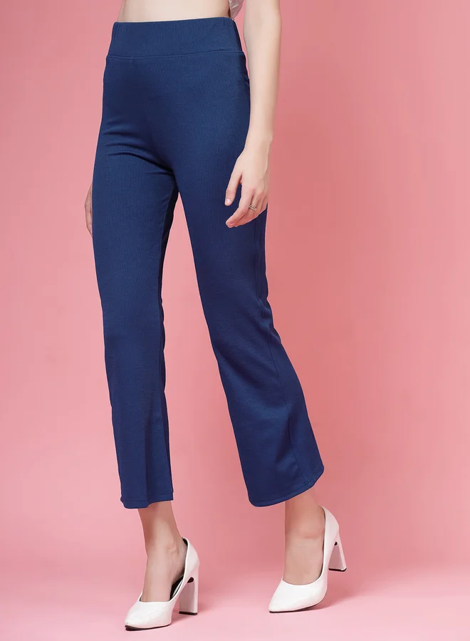 بوز PAUSE Women Navy Blue Solid Wide Waistband Flared Pants