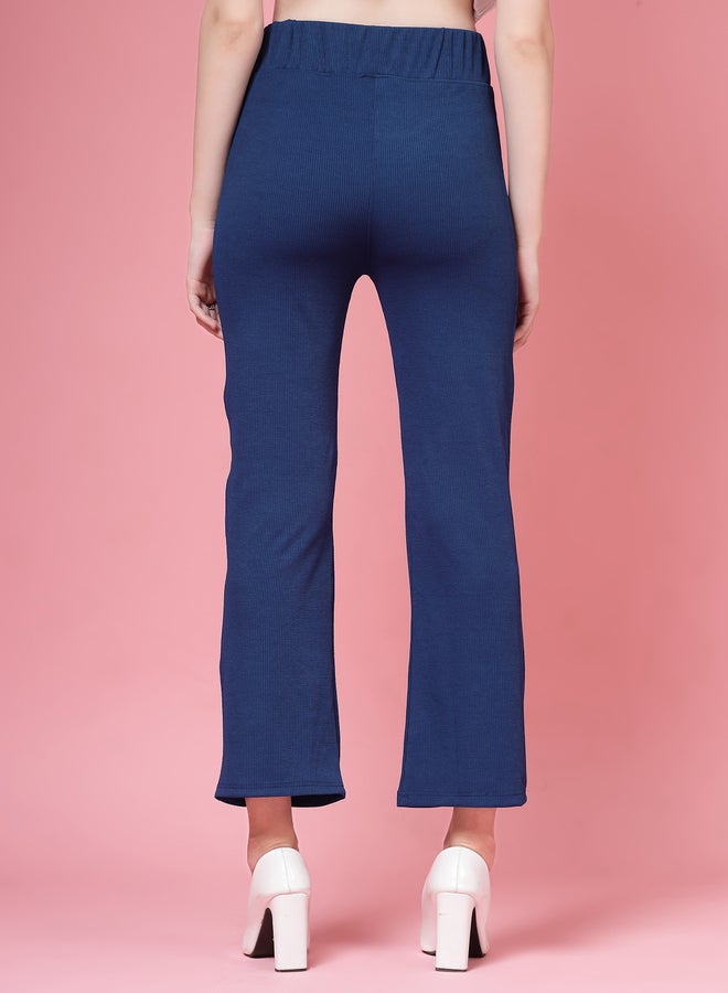 PAUSE PAUSE Women Navy Blue Solid Wide Waistband Flared Pants - Image 4