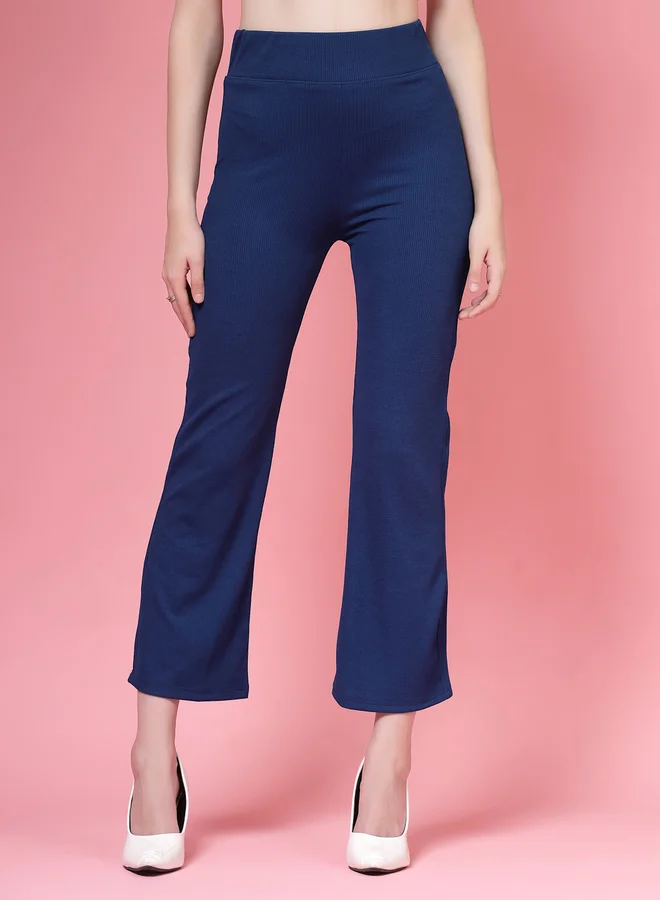 بوز PAUSE Women Navy Blue Solid Wide Waistband Flared Pants