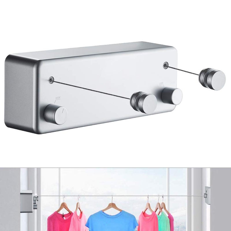 JOOM Retractable Clothesline Indoor Outdoor Clothing Rope Heavy Duty Stainless Steel Line Laundry line for Bathroom Hotel Style 138 Feet with ABS Case Aluminum Two lineDrill Blue Grey