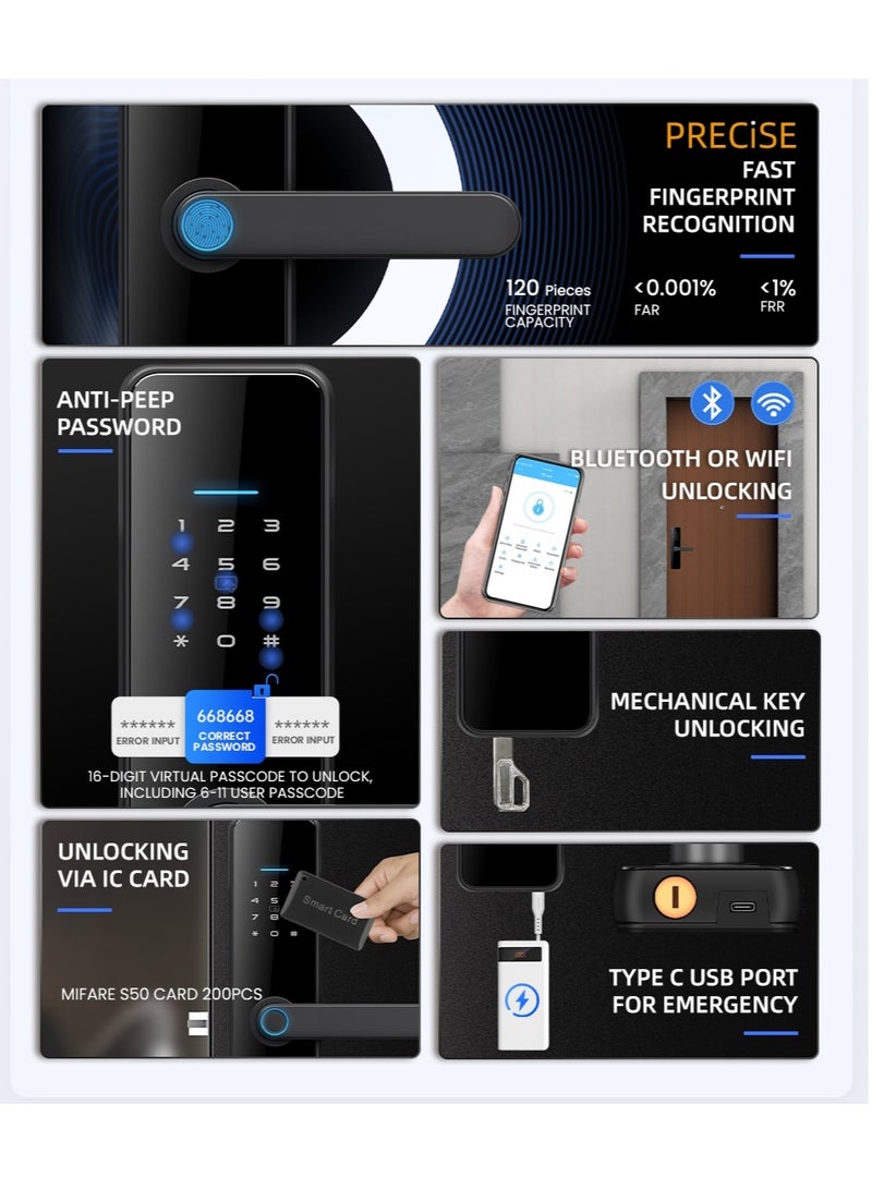 LS-C91 قفل باب ذكي يعمل بتقنية WiFi ببصمة الإصبع - 8 طرق لفتح القفل | التطبيق، بلوتوث، المفتاح، كلمة المرور، البطاقة، كومبو | نظام دخول آمن للمنزل (فضي، إصدار تويا)  - Image 4