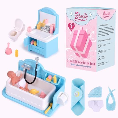 BABESIDE Mini Silicone Baby Dolls 3 Inch Realistic Newborn Baby Doll Full Silicone Sleeping Little Baby Dolls Mini Real Life Baby Girl Miniature Baby with Bathroom Toy Set AccessoriesBlue - Image 1