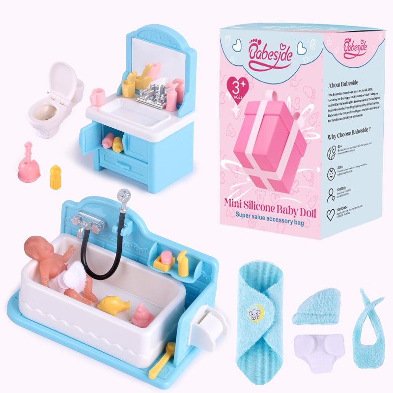 BABESIDE Mini Silicone Baby Dolls 3 Inch Realistic Newborn Baby Doll Full Silicone Sleeping Little Baby Dolls Mini Real Life Baby Girl Miniature Baby with Bathroom Toy Set AccessoriesBlue - Image 2