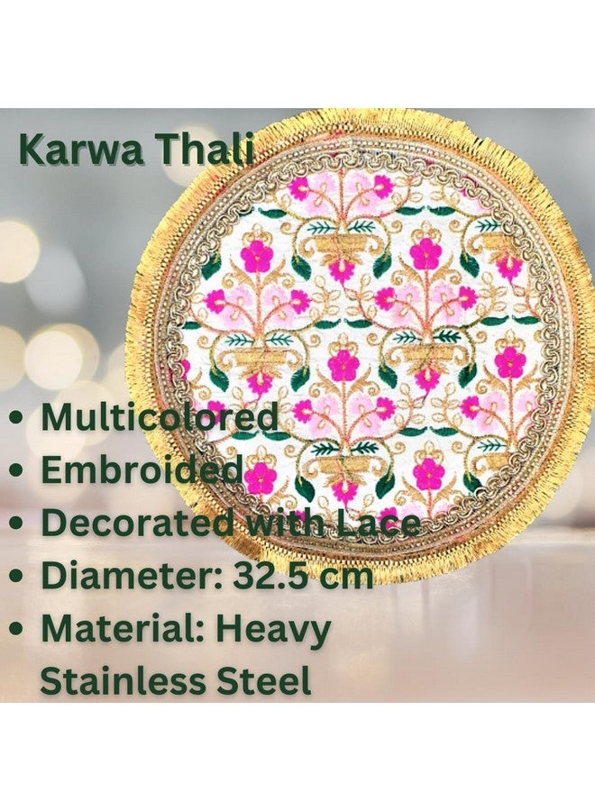 Artonezt 5 Pc Handcrafted Embroidery Karwachauth Thali Set (Thali, Kalash, Chalni, Thali Cover, Small Plate) Puja Thalis for Karwa Chauth Poojan Diwali Navratri Varalakshmi Lakshmi Ganesh Aarti - Image 3