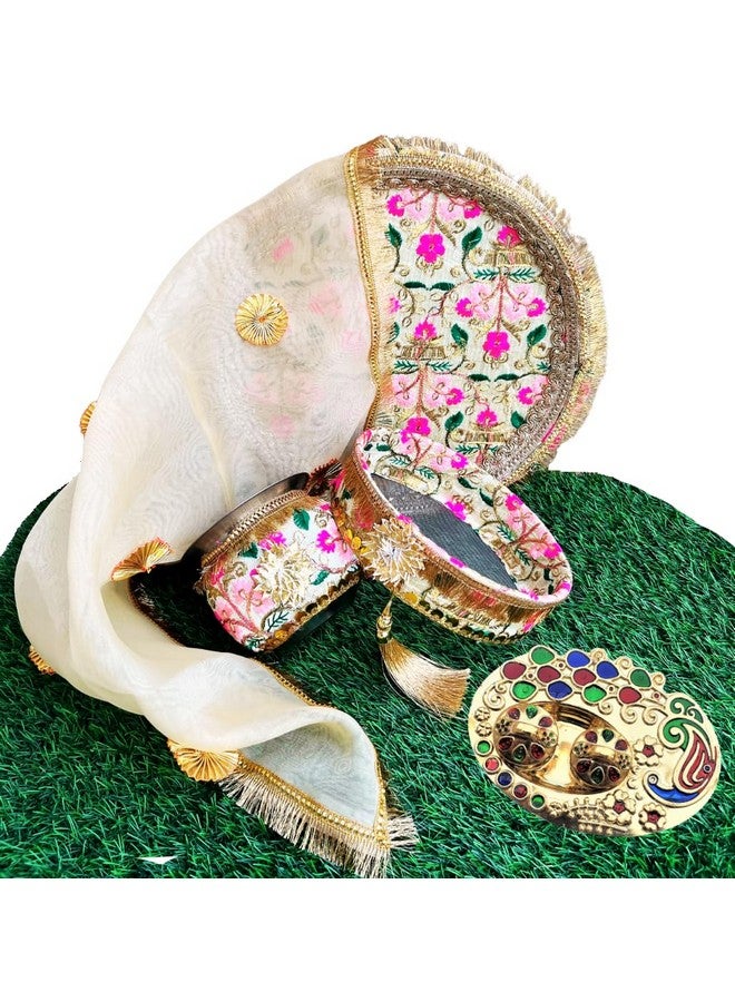 Artonezt 5 Pc Handcrafted Embroidery Karwachauth Thali Set (Thali, Kalash, Chalni, Thali Cover, Small Plate) Puja Thalis for Karwa Chauth Poojan Diwali Navratri Varalakshmi Lakshmi Ganesh Aarti - Image 1