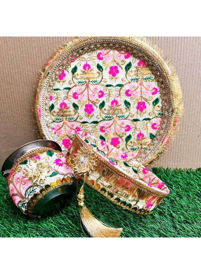 Artonezt 5 Pc Handcrafted Embroidery Karwachauth Thali Set (Thali, Kalash, Chalni, Thali Cover, Small Plate) Puja Thalis for Karwa Chauth Poojan Diwali Navratri Varalakshmi Lakshmi Ganesh Aarti - Image 4